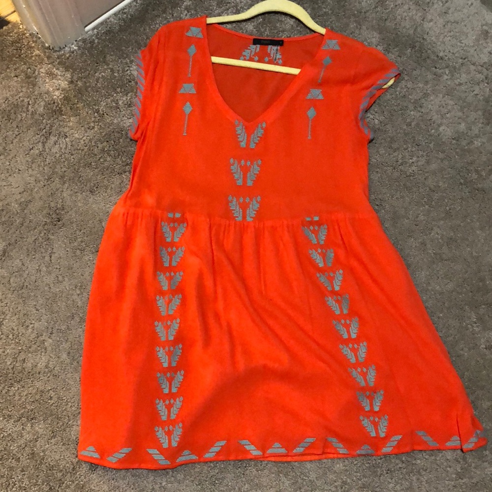 Coral Pink Dress with turquoise embroidery